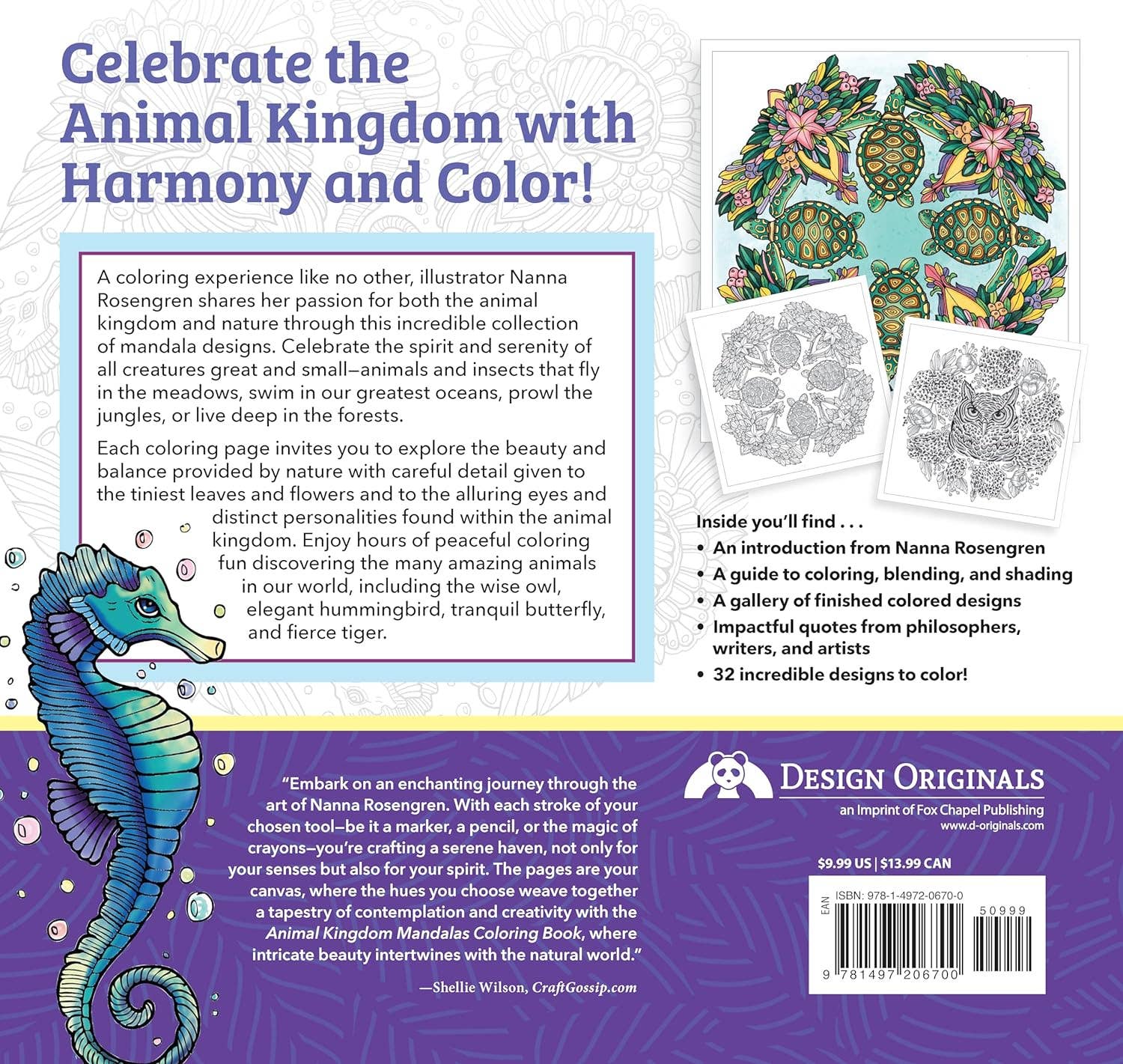 Fox Chapel Publishing - Venta al por mayor Libro para colorear y cuaderno de actividades - Adultos - Libro para colorear de Mandalas de Animal Kingdom, magníficos diseños1