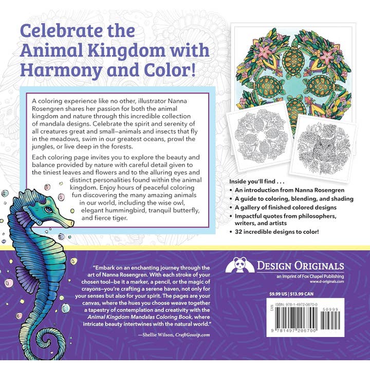 Fox Chapel Publishing - Venta al por mayor Libro para colorear y cuaderno de actividades - Adultos - Libro para colorear de Mandalas de Animal Kingdom, magníficos diseños1