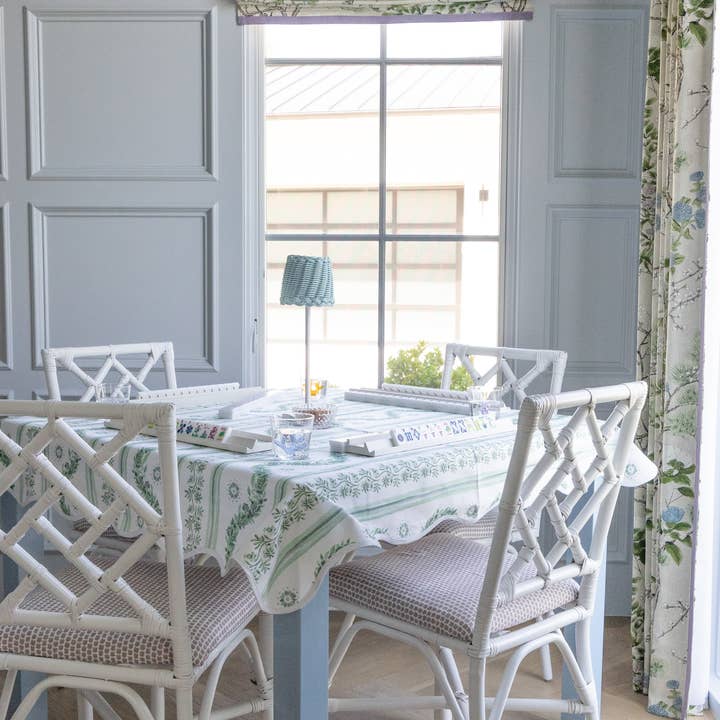 WHOLESALE Scalloped Square Table Topper | Boxwood Garden - Sage for wholesale by Frances Fields Home, formerly Fenwick Fields