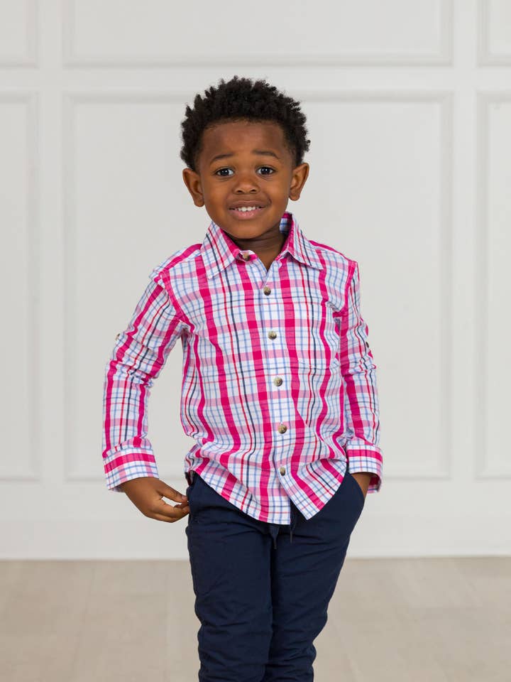 RuffleButts + RuggedButts - Vendita all'ingrosso Camicia button down - Bambini - Camicia a quadri a maniche lunghe con bottoni per ragazzi Adley2
