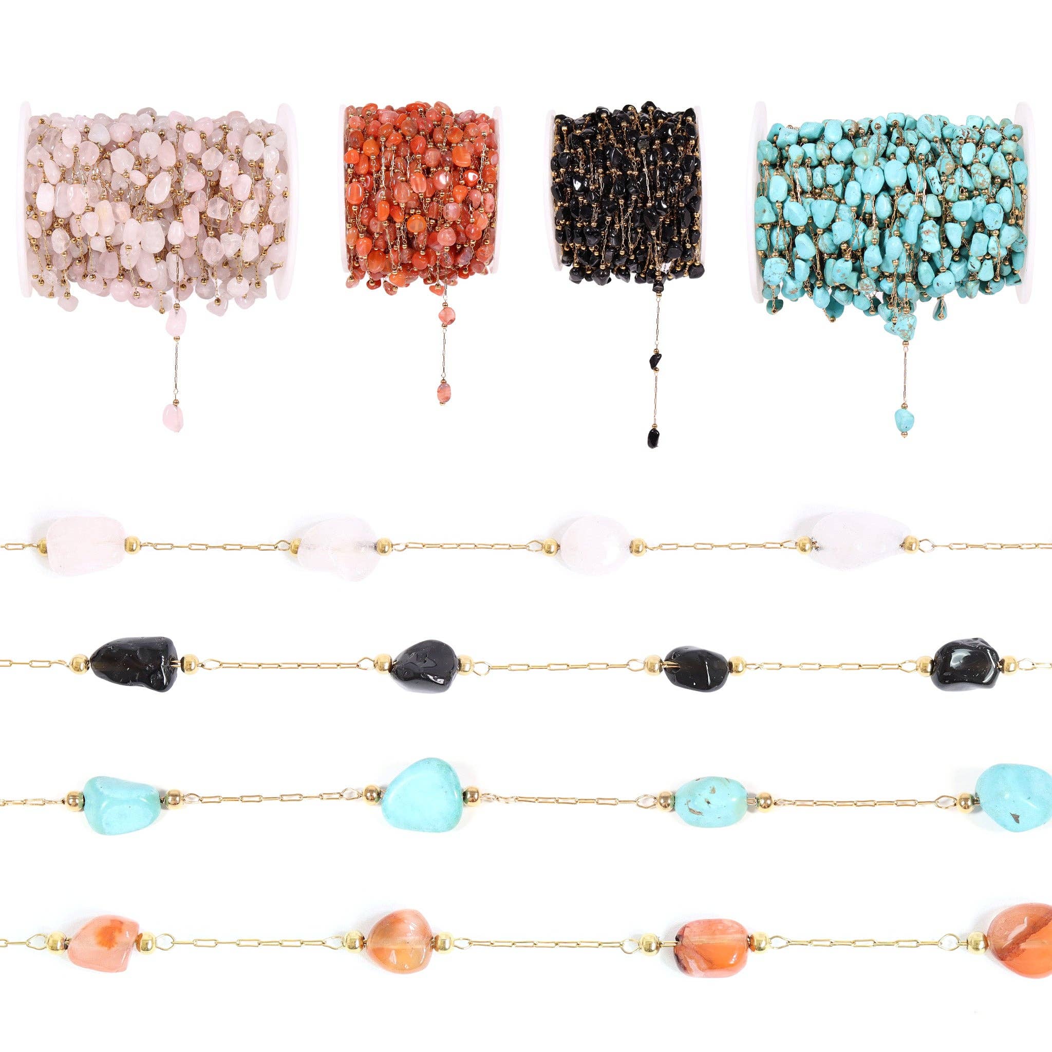 WJW – wholesale Craft supplies – 18K Gold PVD Stainless Steel Beaded Stone Chain - By The Foot / SPL10172