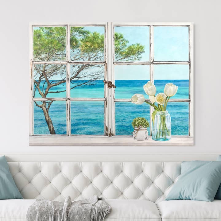 Print on canvas: Dellal, Window with a view of the Mediterranean Sea for wholesale by Selected Artworks Italia