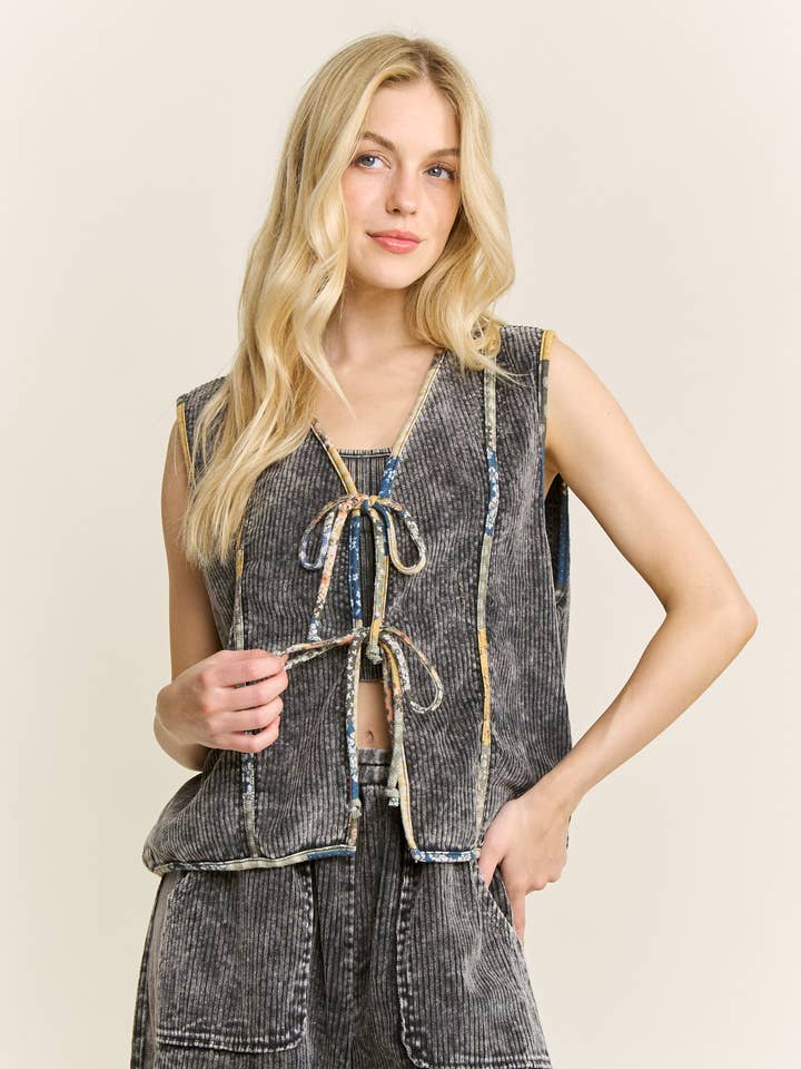 Mineral Washed Boho Patchwork detail Gypsy Vest HT6940 for wholesale by J.Her