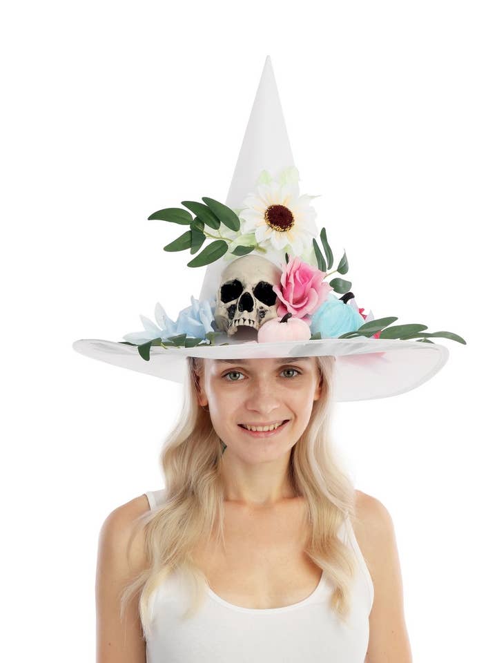 Chapéu de Bruxa Branco com Flores em Tons Pastel por atacado de P'tit Clown
