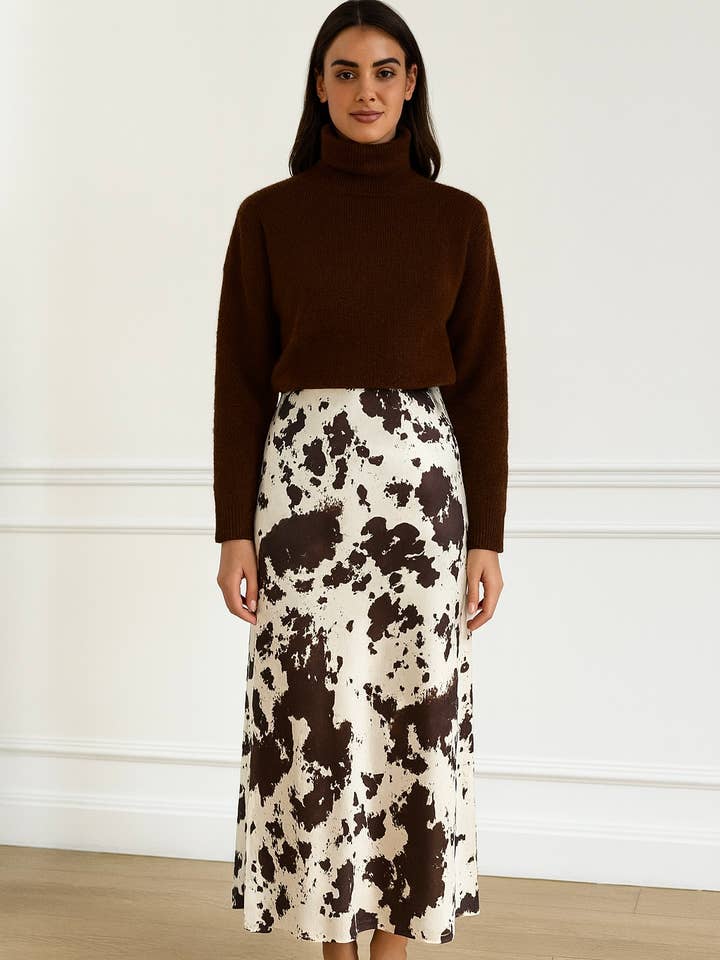 Bruin Lange satijnen rok met koeienprint - 5026S-SIMON voor groothandel op Faire0