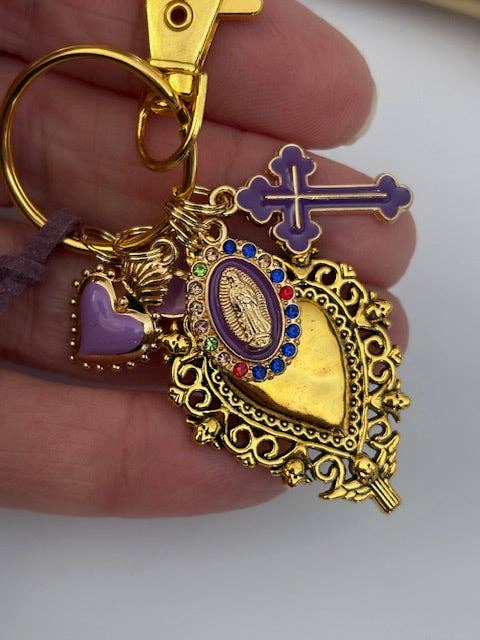 Miss DJ Angel - Wholesale Sleutelhanger - Dames - Sleutelhanger met heilig hart en kruis, cadeau voor mama ex-voto, mirakelmedaille bedel, paarse sleutelhanger3