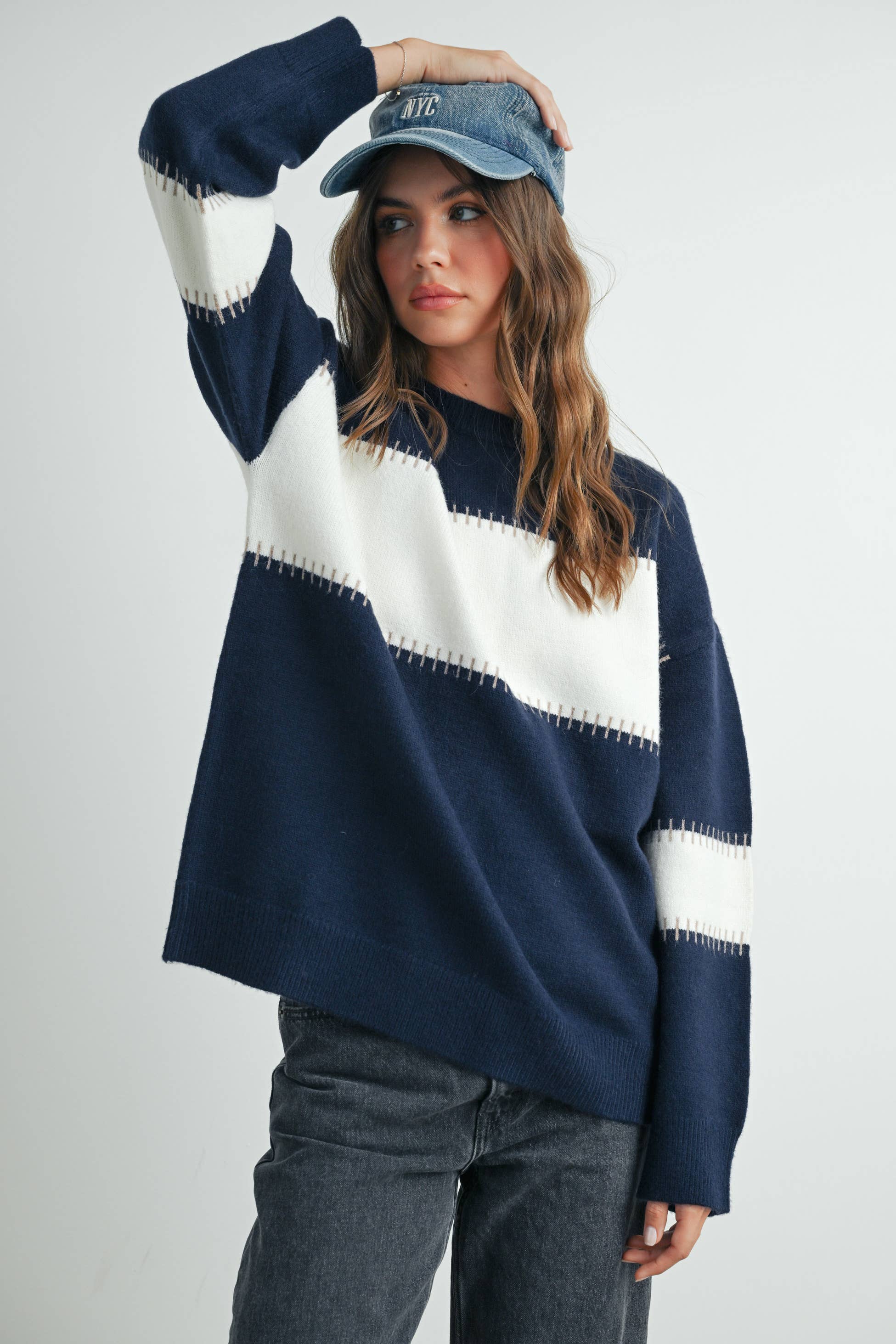 NAVY IVORY Color Block Striped Crew Neck Sweater - BMW7501 for wholesale on Faire4
