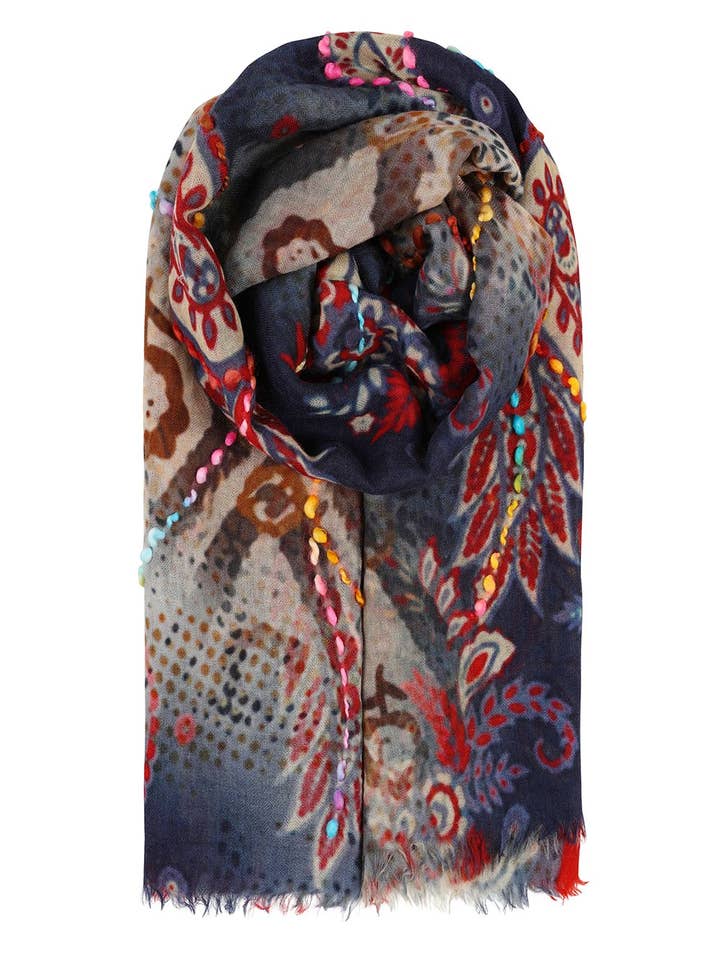 Blue / Red Paisley Embroidery Scarf for wholesale by Ombre London