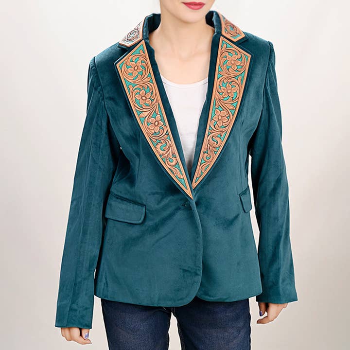 Blazer occidental de lujo en tela color verde azulado ADBZ027 con ribete de cuero floral tipo arnés. para venta al por mayor de LS Western