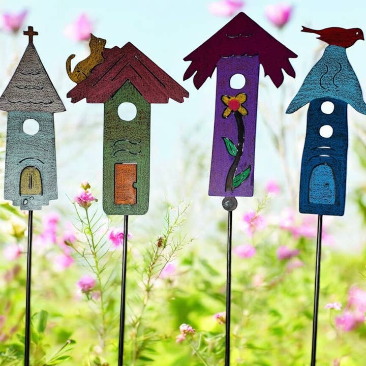 Metal Birdhouse Plant Stake Cat Garden Stake Church flower for wholesale by Whimsies