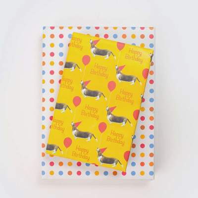 Wrappily Eco Gift Wrap Co. - Wholesale Flat Wrap - Birthday BassetHound & Dot • Double-sided Eco Wrapping Paper