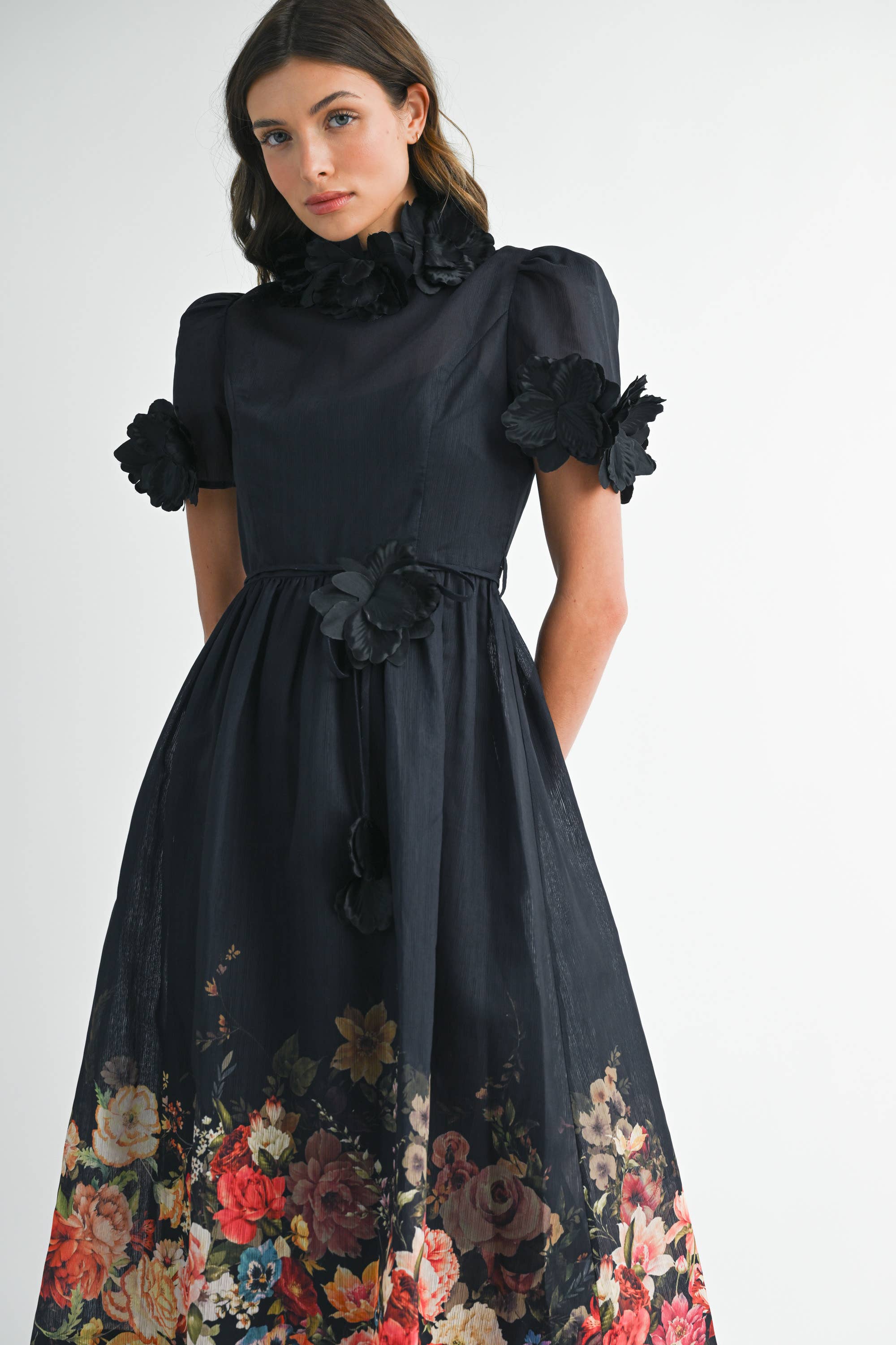 EB LUXE - Wholesale Dress - Women's - RD0026 3D Floral High Neck Short sleeve Midi Dress8