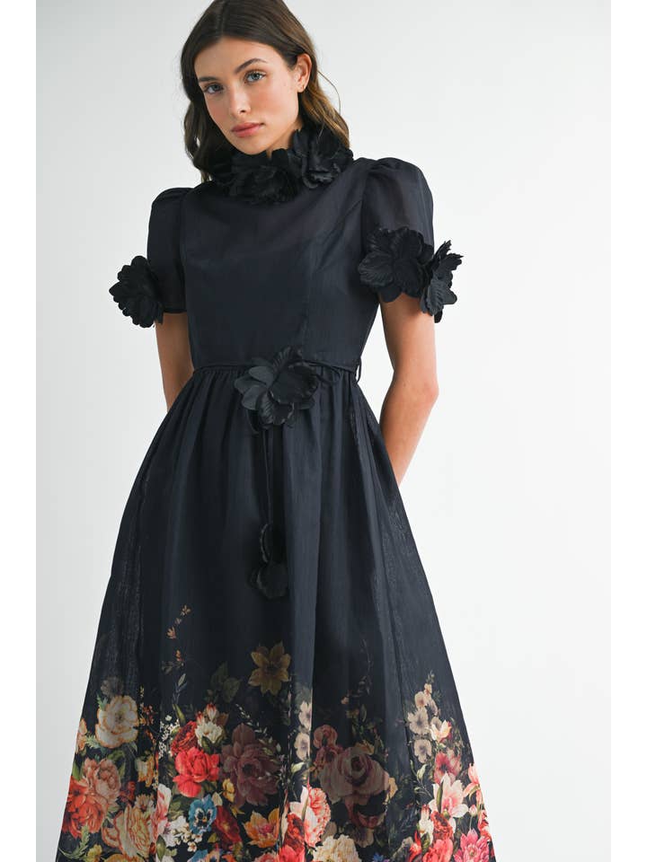 EB LUXE - Wholesale Dress - Women's - RD0026 3D Floral High Neck Short sleeve Midi Dress8