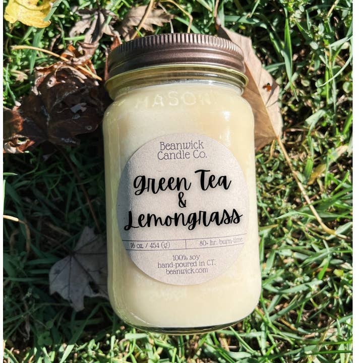 Vela de soja y citronela de té verde en tarro de cristal, regalo único para venta al por mayor de Beanwick Candle Co.