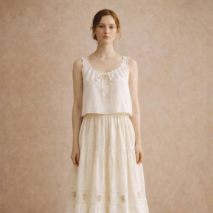 White Cotton Embroidered Flared Midi Skirt - Camille Skirt for wholesale by Atèlette