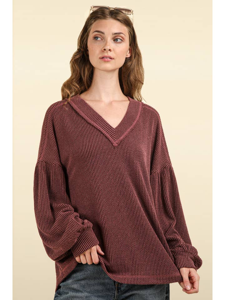VERY J - Wholesale Knit Top - Women's - NT11946-Two Tone Otto Ribbed V-Neck Oversized Knit Top