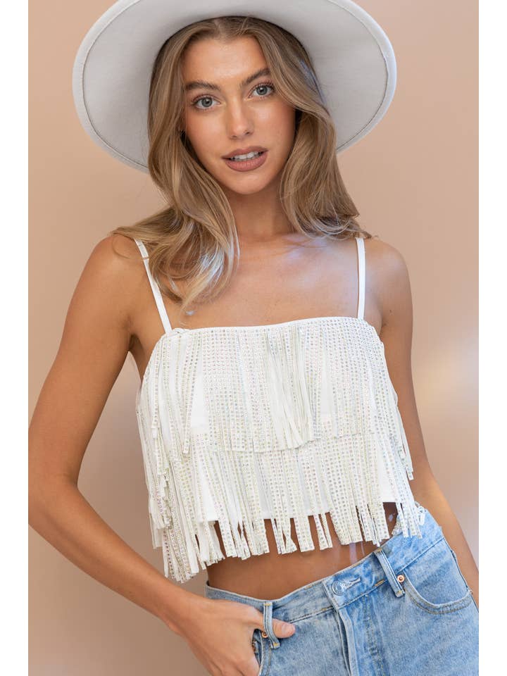 RED 32247T - Satin Base Studded Tiered Fringe Cami Top for wholesale on Faire15