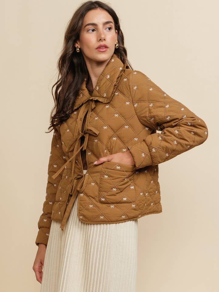 A & SHE - Wholesale Jacket - Women's - Quilted Embroidered Bow Tie Front Jacket with Ruffle Collar12