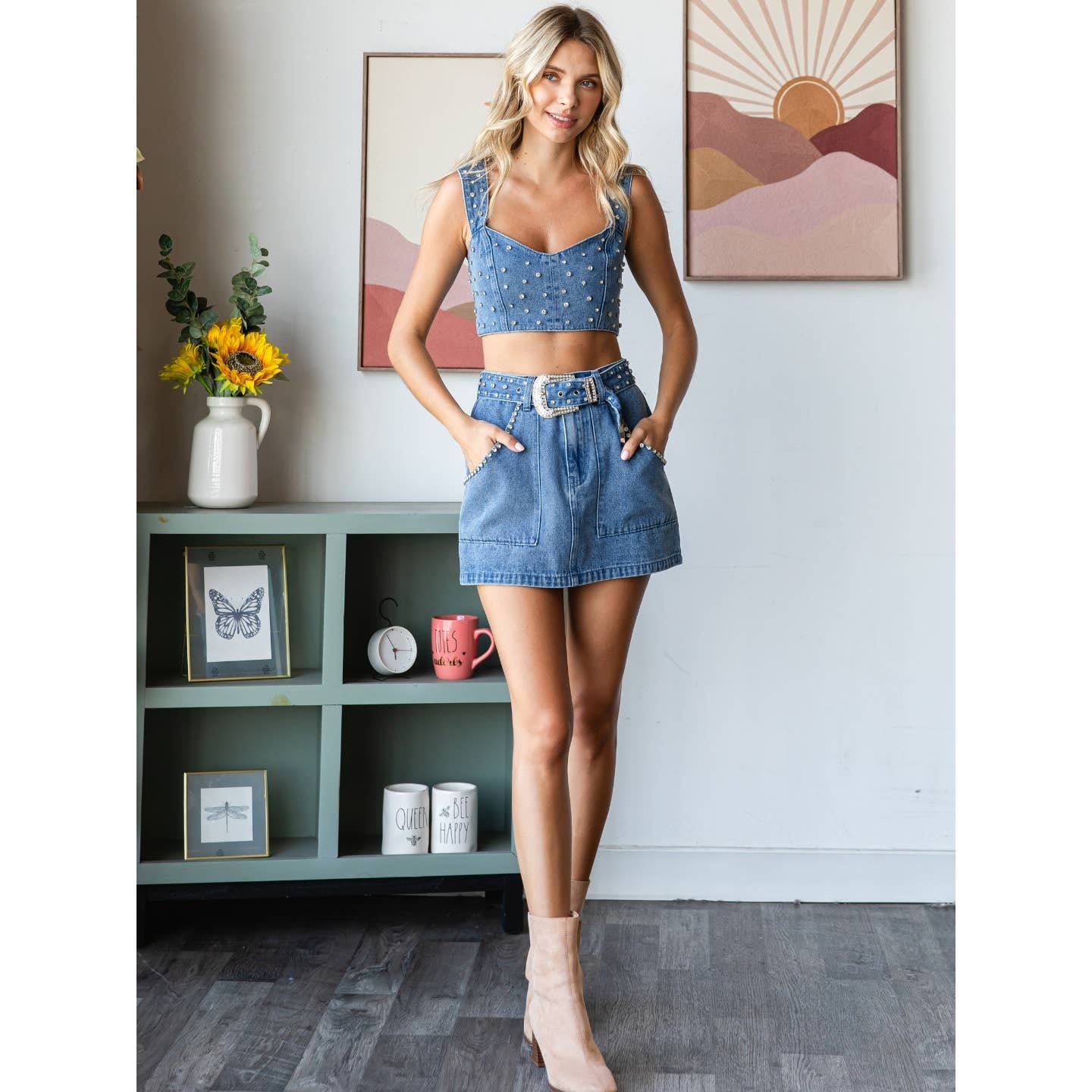 Med Wash Rhinestone Belt Denim Tank Top for wholesale on Faire8