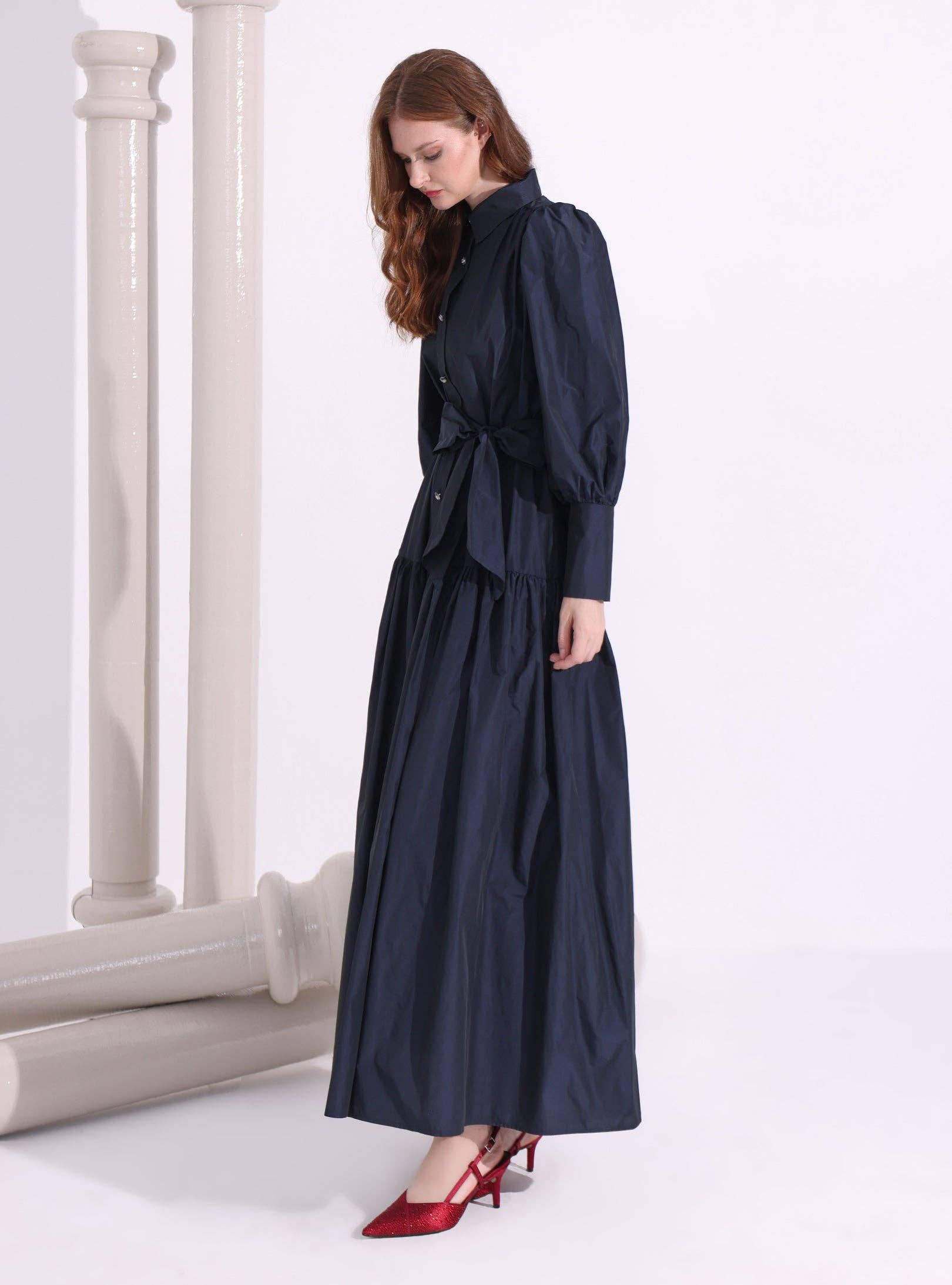 Store WF – wholesale Dress – Women's – Navy Taffeta Cristal Button Maxi Dress2