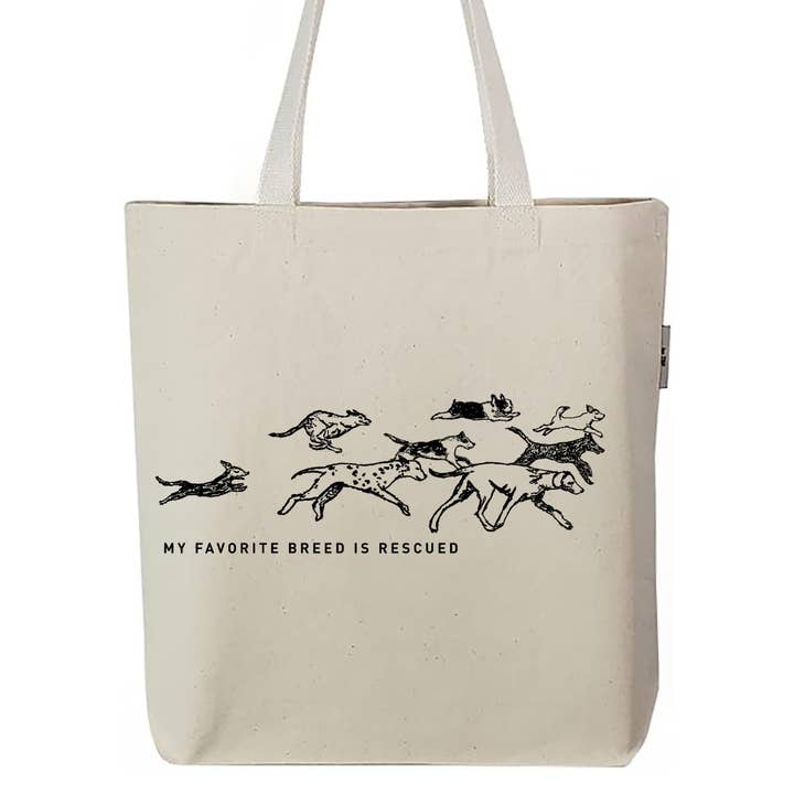 Bolso de libro de algodón orgánico con serigrafía de rescate de perros para venta al por mayor de Megan Lee Designs