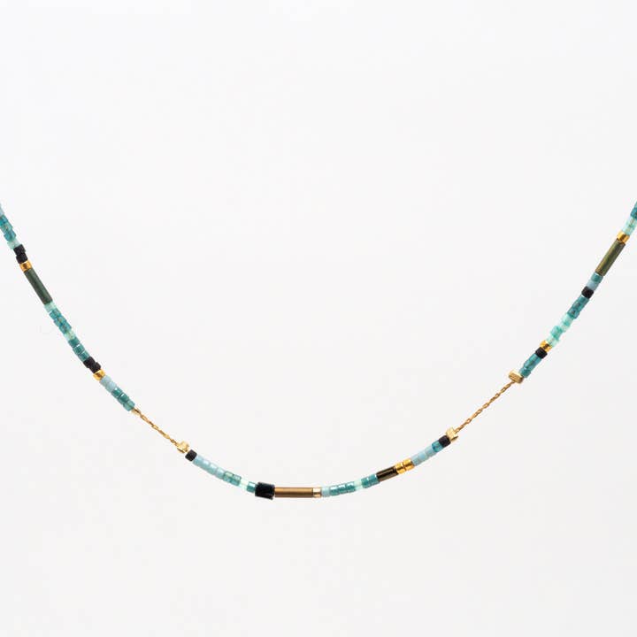 Ultra thin short necklace, tiny Japanese glass beads, 1 micron gold-plated chain, designer jewelry/ handmade for wholesale by Atelier Vivienne