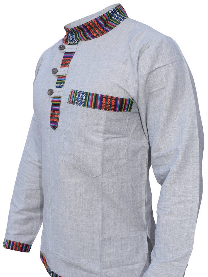 Gheri - Wholesale Button Down Shirt - Men's - Ethnic Border Hemp Cotton Grandad Collar Shirt0