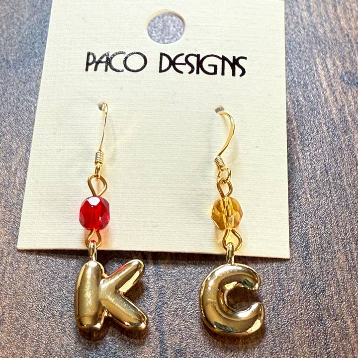 Gold Bubble Letter K C Chiefs Earrings for wholesale by Paco Designs