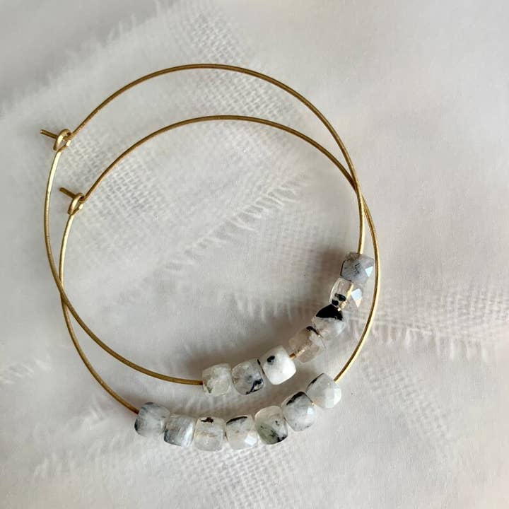 Moonstone and Jumbo Brass Hoop Earrings for wholesale by Rose and Della