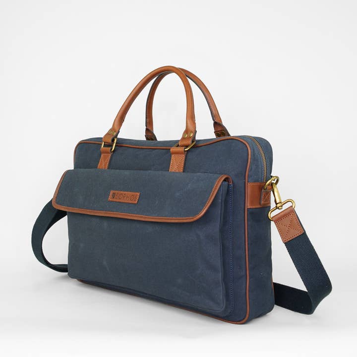 Navy Waxed Canvas Briefcase for wholesale by Sophos