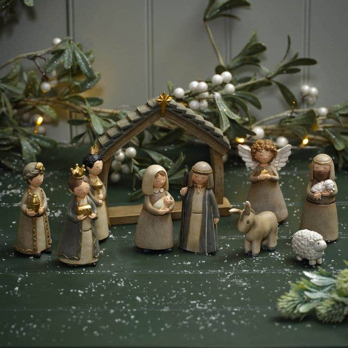 Langs – Großhandel Weihnachtskrippen-Deko – Mit Liebe zu Weihnachten 10-teiliges Krippen-Set aus Harz mit Stall0