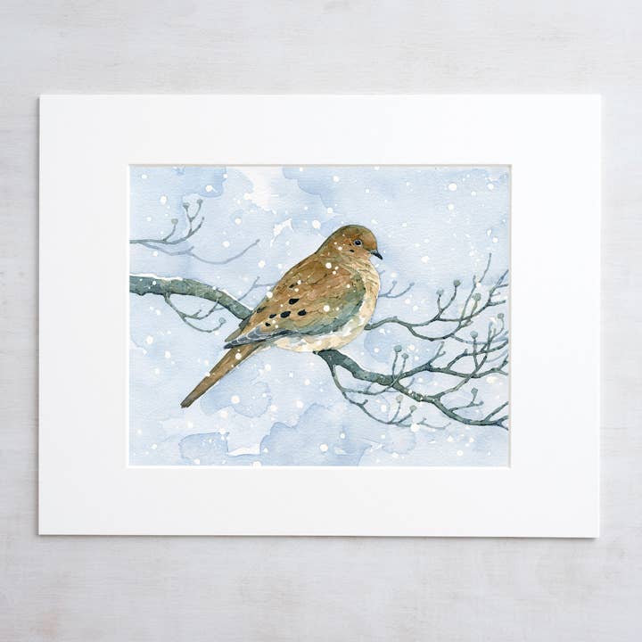 Mourning Dove in Snow Watercolor Print for wholesale by Studio Tuesday