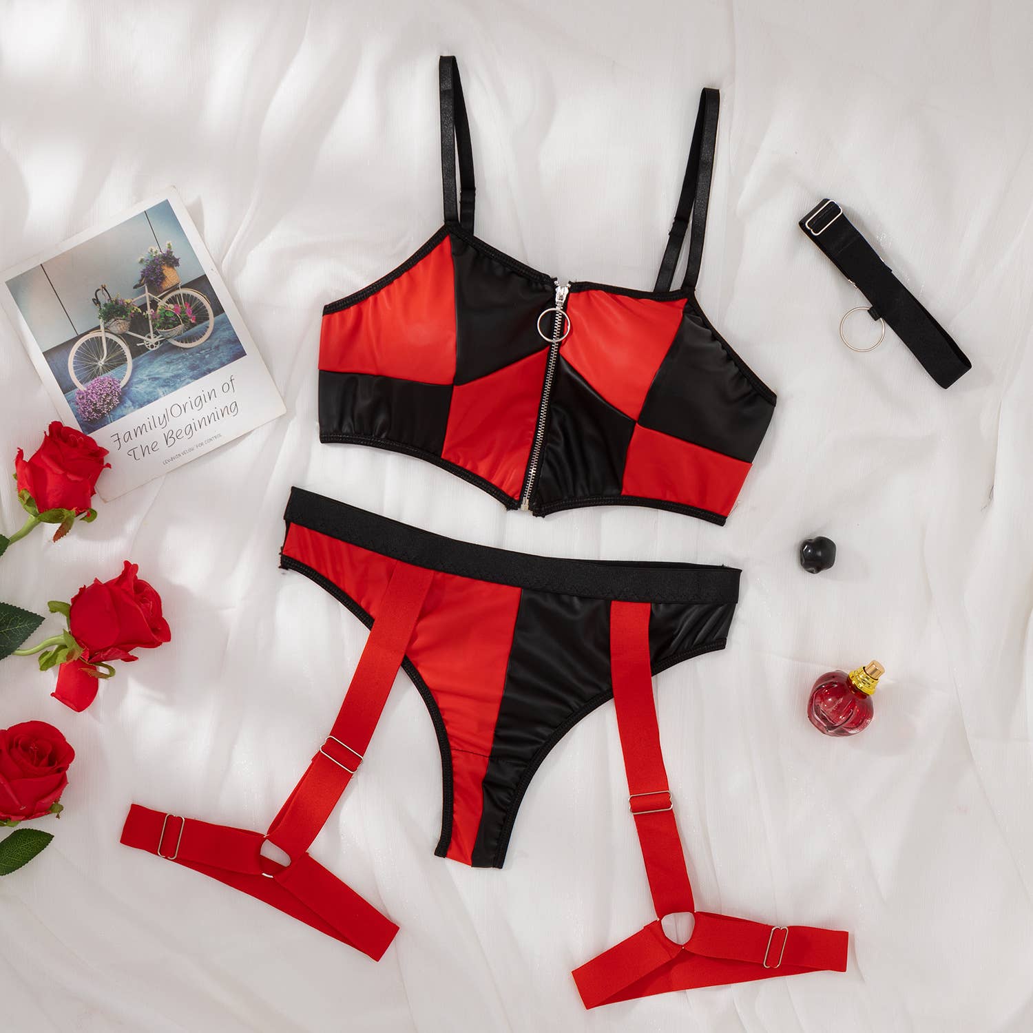 Black Sexy Leather Zipper Color Matching Underwear Suit for wholesale on Faire9