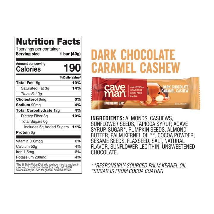 Caveman Foods - Wholesale Snack Bar - Caveman Dark Chocolate Caramel Cashew Nutrition Bars