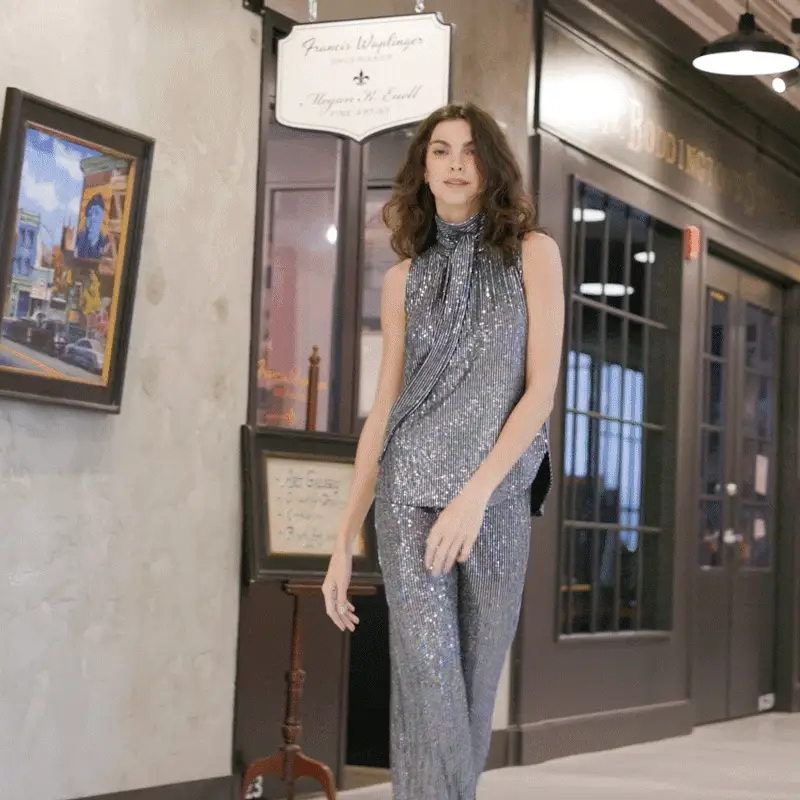 Black Silver T245S - Shimmer Sequin - Mock Neck-Tie Detail Top for wholesale on Faire1