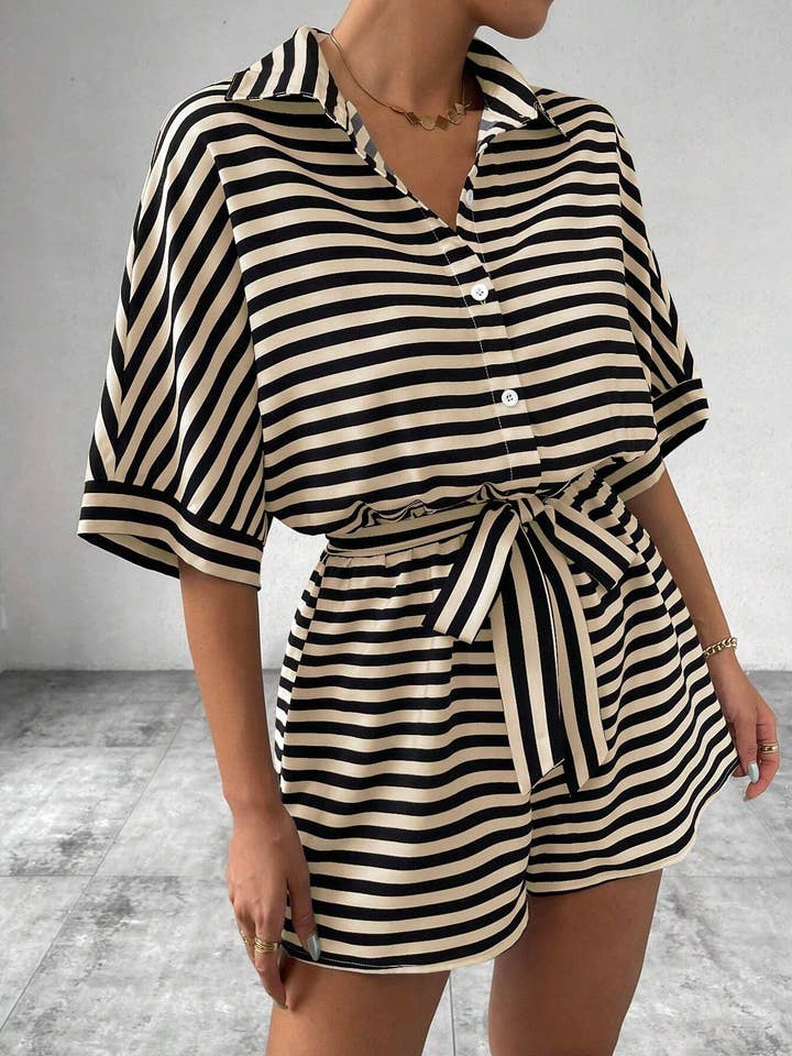 Comely Fashion - Wholesale Romper - Women's - Striped Buttons Up Summer Romper with Belt9
