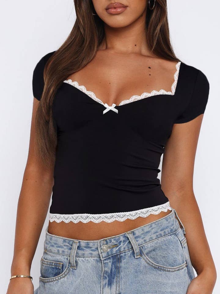 CWTBLS1497_SOLID COLOR LACE HEM BOWKNOT SHORT SLEEVE TOP for wholesale by NINEXIS