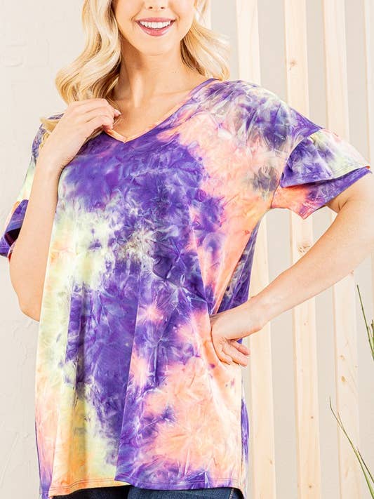 ET6209-16 RUFFLED MULTI COLOR TIE DYE PRINT TOP for wholesale by HEIMISH