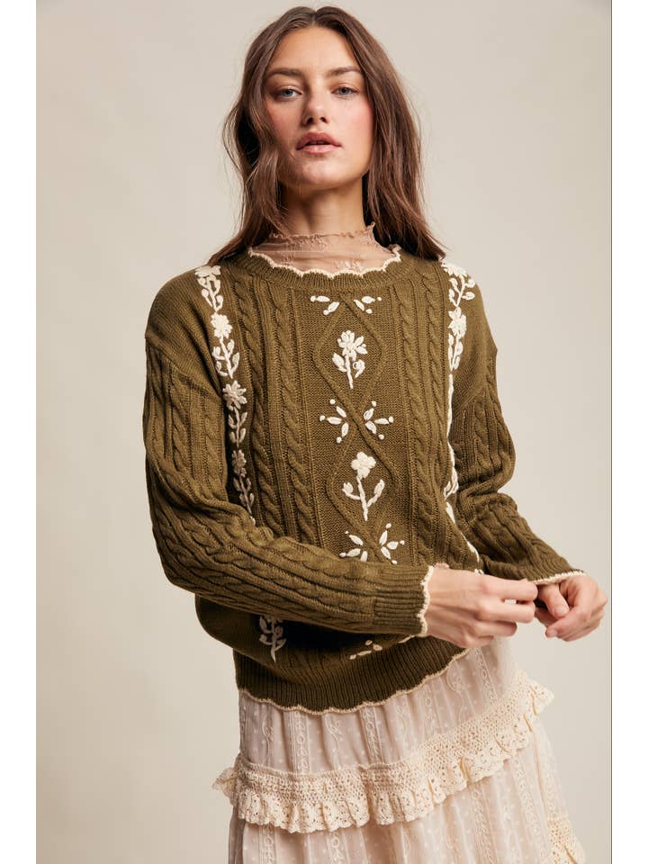 Listicle - Wholesale Pullover-trui - Dames - Gebreide Trui met Bloemenborduursel en Kabelpatroon13