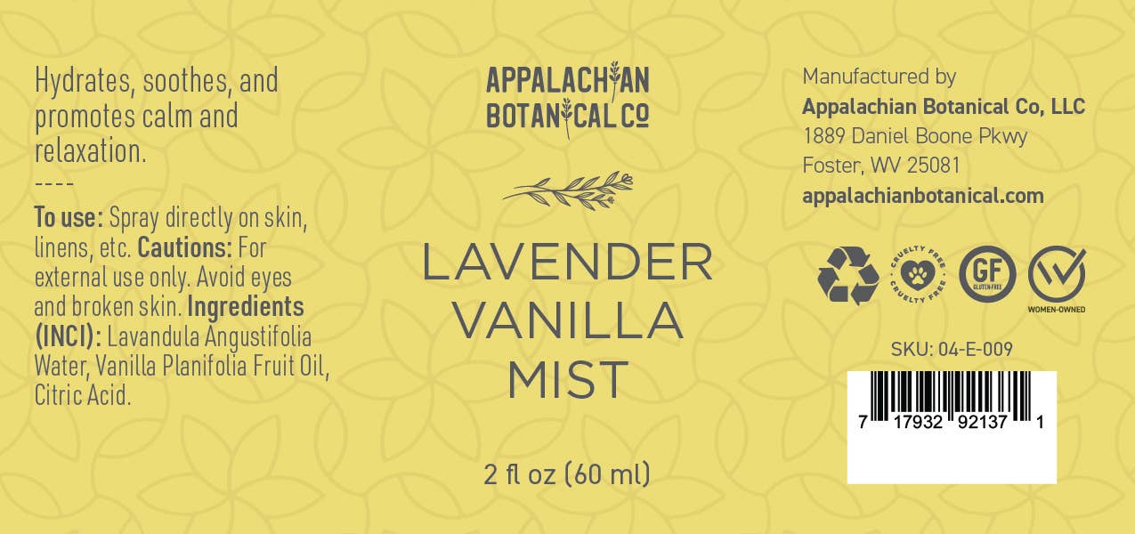 Appalachian Botanical Co. - Wholesale Face & Body Mist/Water - Lavender Vanilla Mist2
