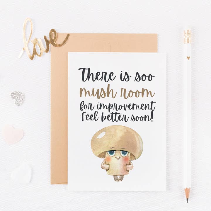 Tarjeta de felicitación Soo Mush Room for Improvement - Juego de palabras divertido para venta al por mayor de The Highland Literary Co.