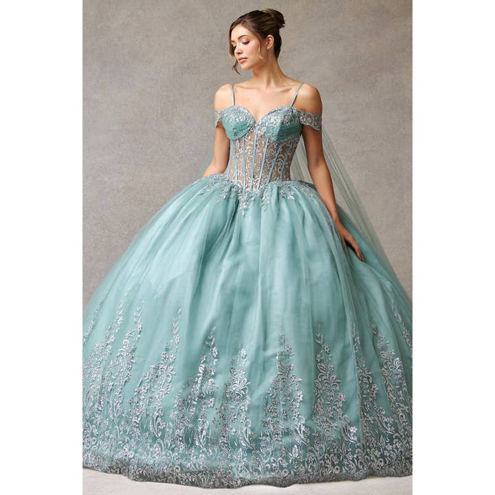 Schulterfreies Quinceañera-Ballkleid mit herzförmigem Ausschnitt und goldener Stickerei für den Großhandel von Babyfox Apparel