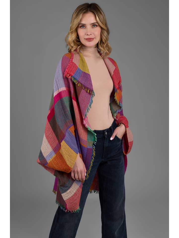SAACHI - Wholesale Poncho - Women's - Woolen Rainbow Color Grid Cocoon Poncho3