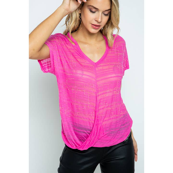 CUTOUT SHORT SLEEVE SURPLICE TOP WITH STONES for wholesale by VOCAL