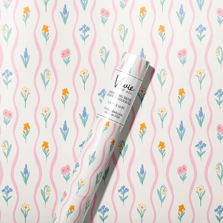 Pink Stripe Wildflower Floral Wrapping Paper Roll for wholesale by Vivie and Ash
