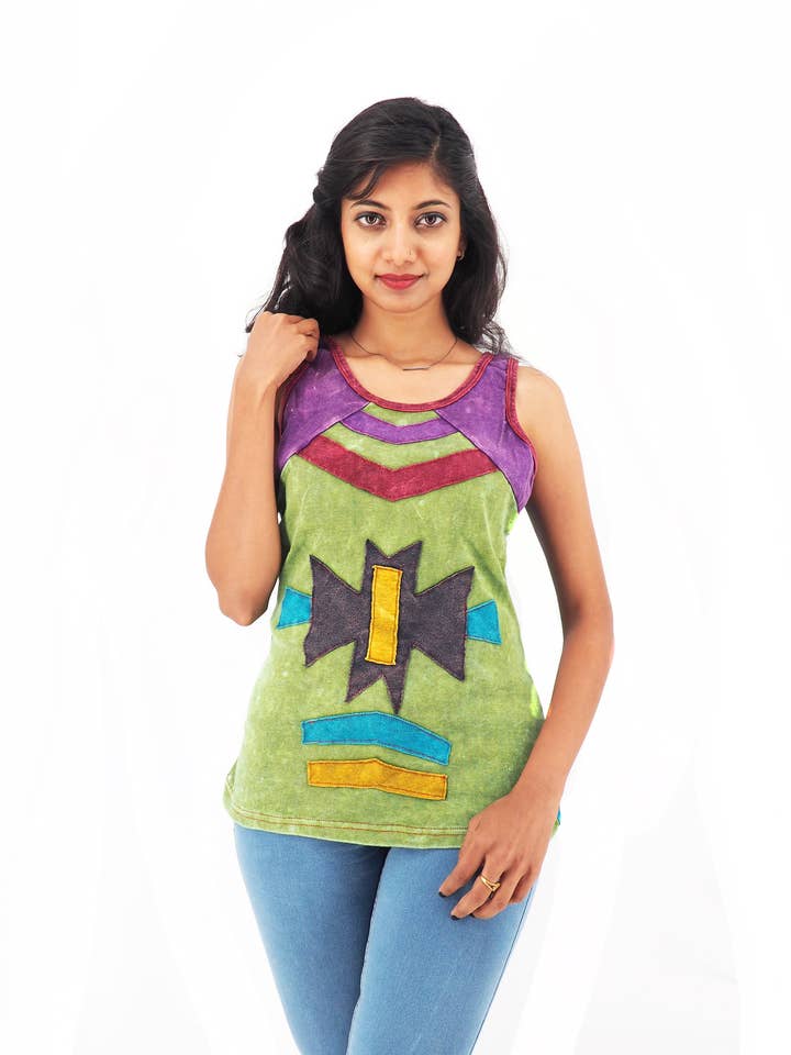 Handmade Patchwork Boho Tribal Tank Top 100% Pre-Washed Cotton Green Tones S-M-L-XL for wholesale by Purple Boho