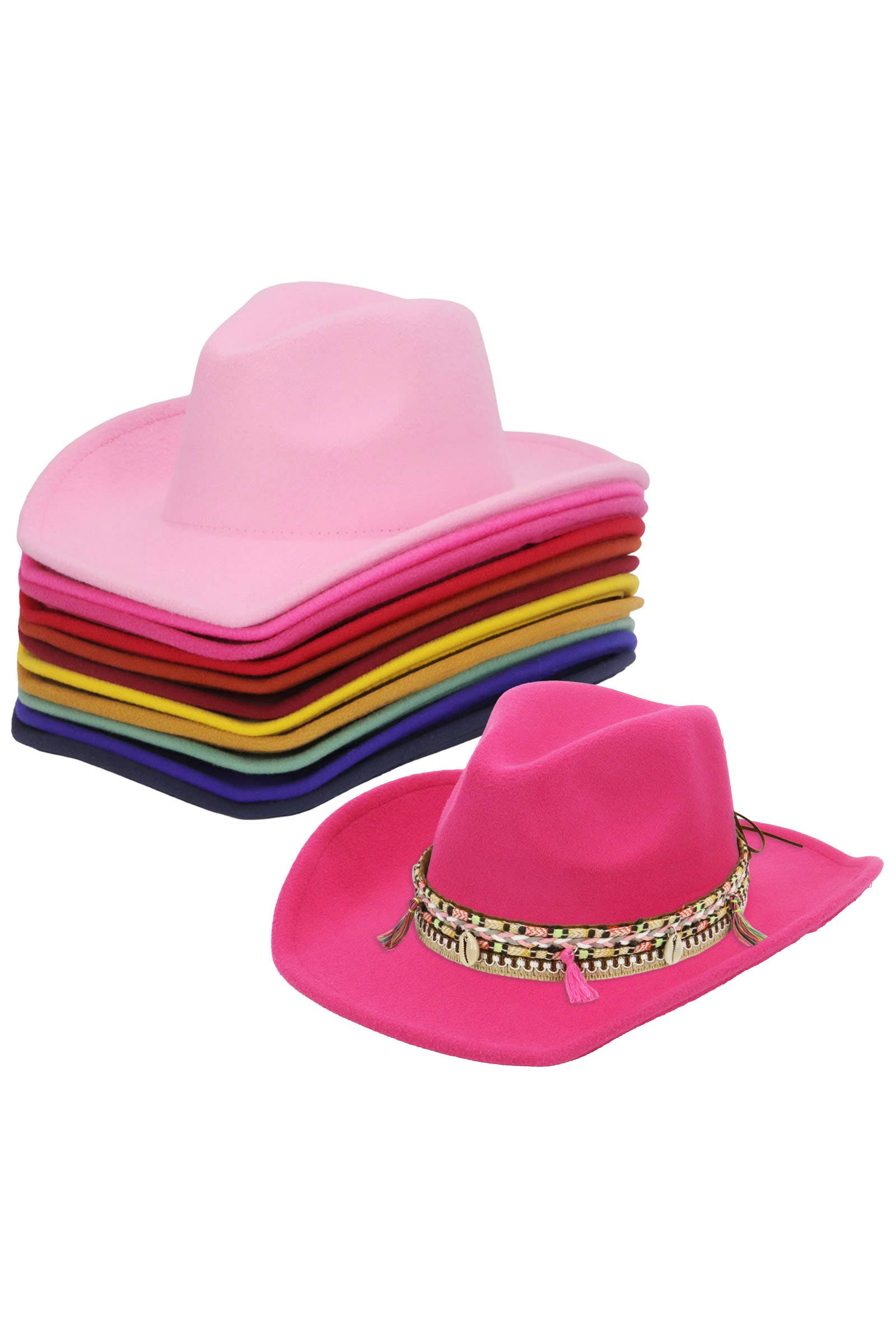 Cap Zone - Venta al por mayor Sombrero cowboy - Unisex - Sombrero vaquero de fieltro sólido con banda de borlas costeras rosas10