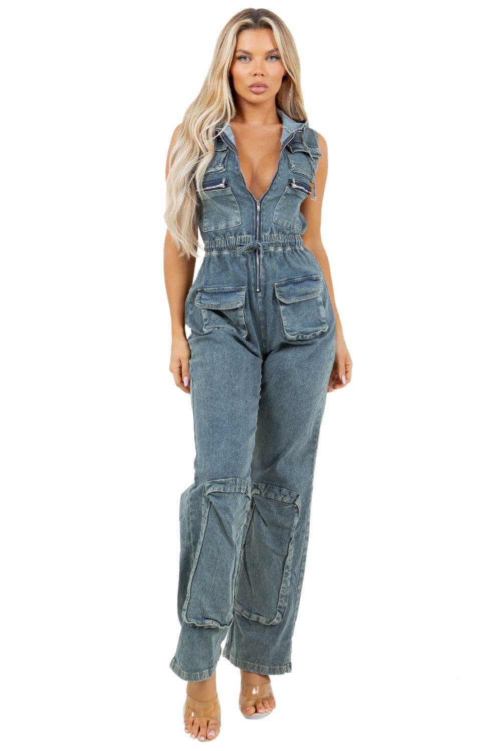 Blue WOMEN FASHION DENIM CARGO STYLE JUMPSUIT for wholesale on Faire