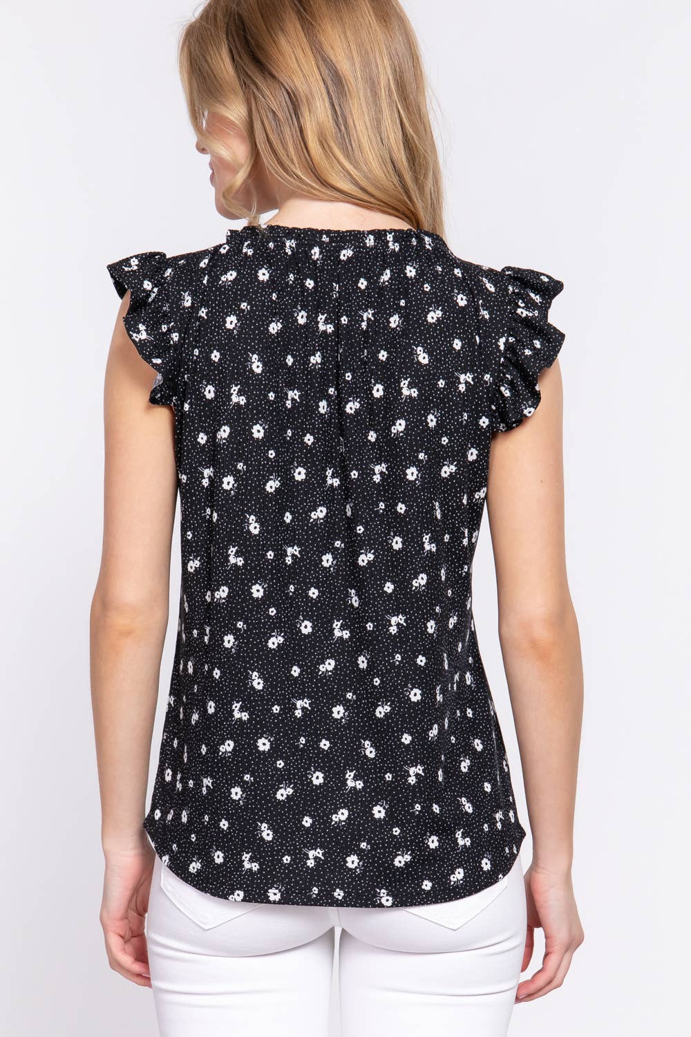 42POPS - Wholesale Knit Top - Women's - ..SI-24598 FITTED RUFFLE SLEEVELESS PRINT RIB KNIT TOP1