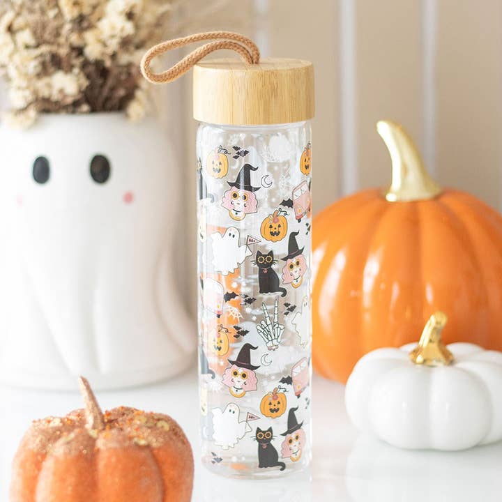 Groovy Ghost Halloween Print Glass Water Bottle for wholesale by Something Different Wholesale